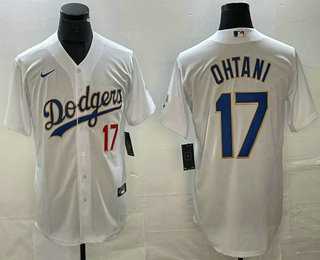 Mens Los Angeles Dodgers #17 Shohei Ohtani Number White Gold Championship Stitched Cool Base Nike Jersey